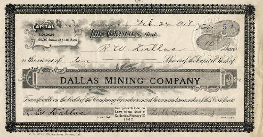 Stock certificate for 10 shares in the Dallas Mining Company dated on February 1907. Courtesy of Collector’s Edge.