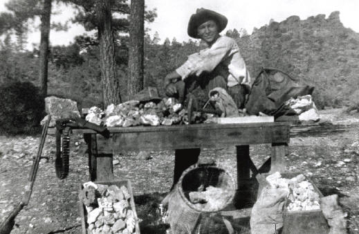 Peter Bancroft at the Dallas Gem mine in 1938 with stock of benitoite specimens. Photocourtesy of Ed Swoboda.