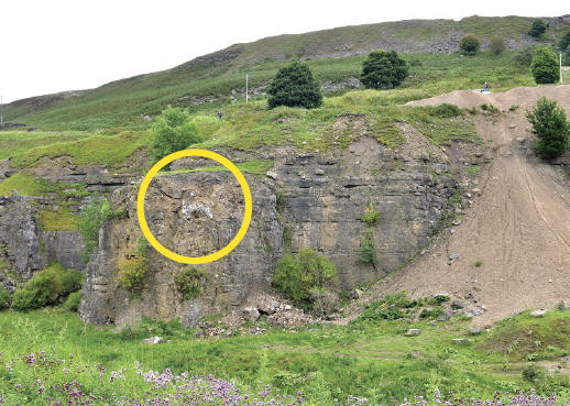 Western Rogerley Quarry. Sutcliff vein workings marked in yellow. J. Gajowniczek photo.